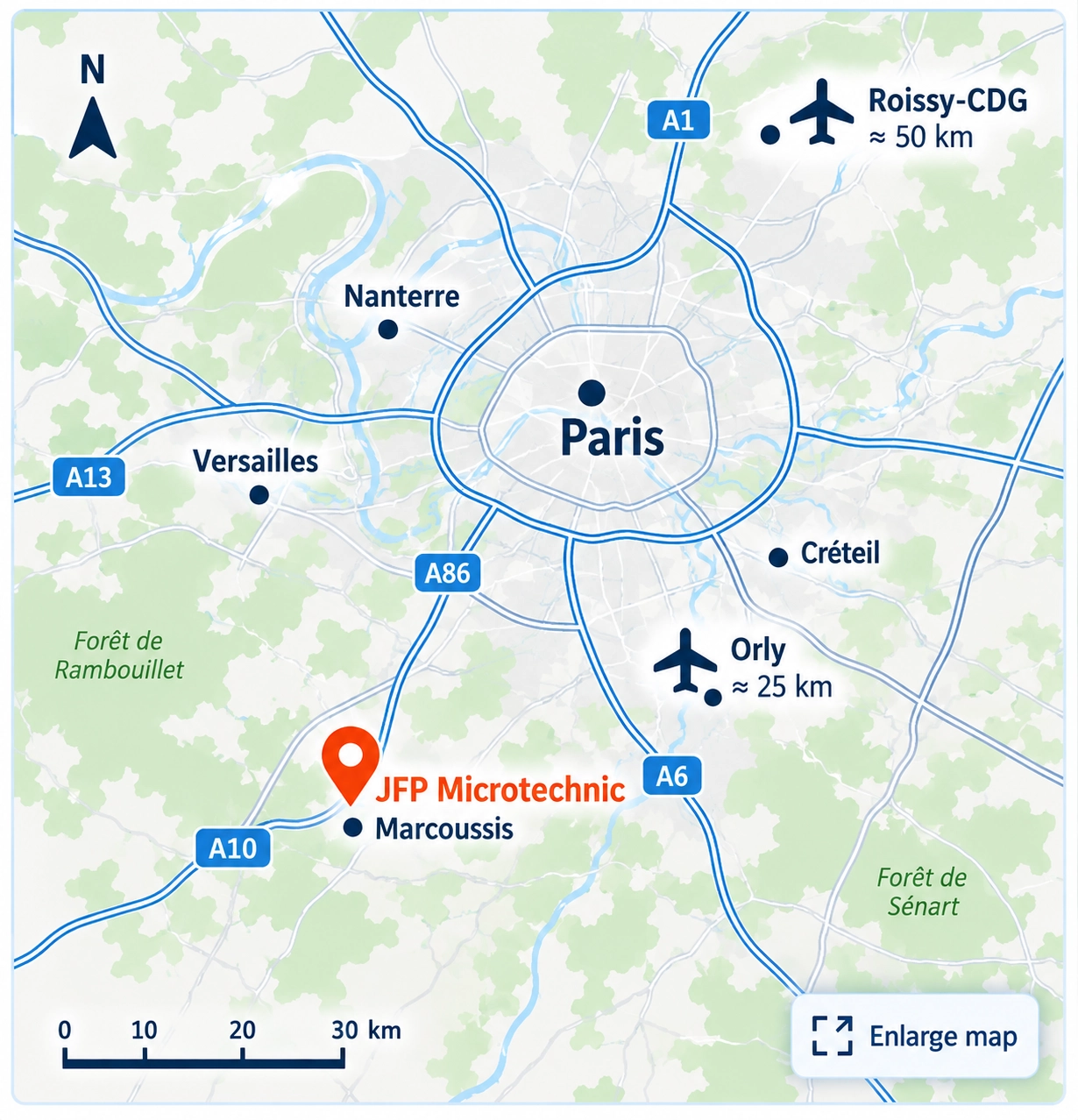 Map showing JFP Microtechnic in Marcoussis in relation to Paris, Versailles, Orly and Roissy-Charles de Gaulle airports
